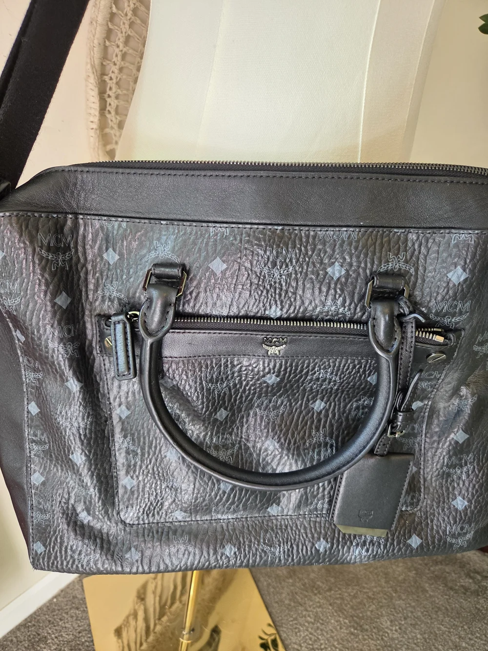 Authentic MCM Black Leather Travel Satchel Shoulder, Laptop Bag
